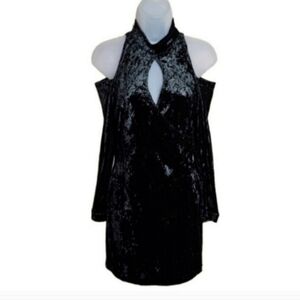 Vintage Tower gothic black crushed velvet cold shoulder mock neck bodycon Dress